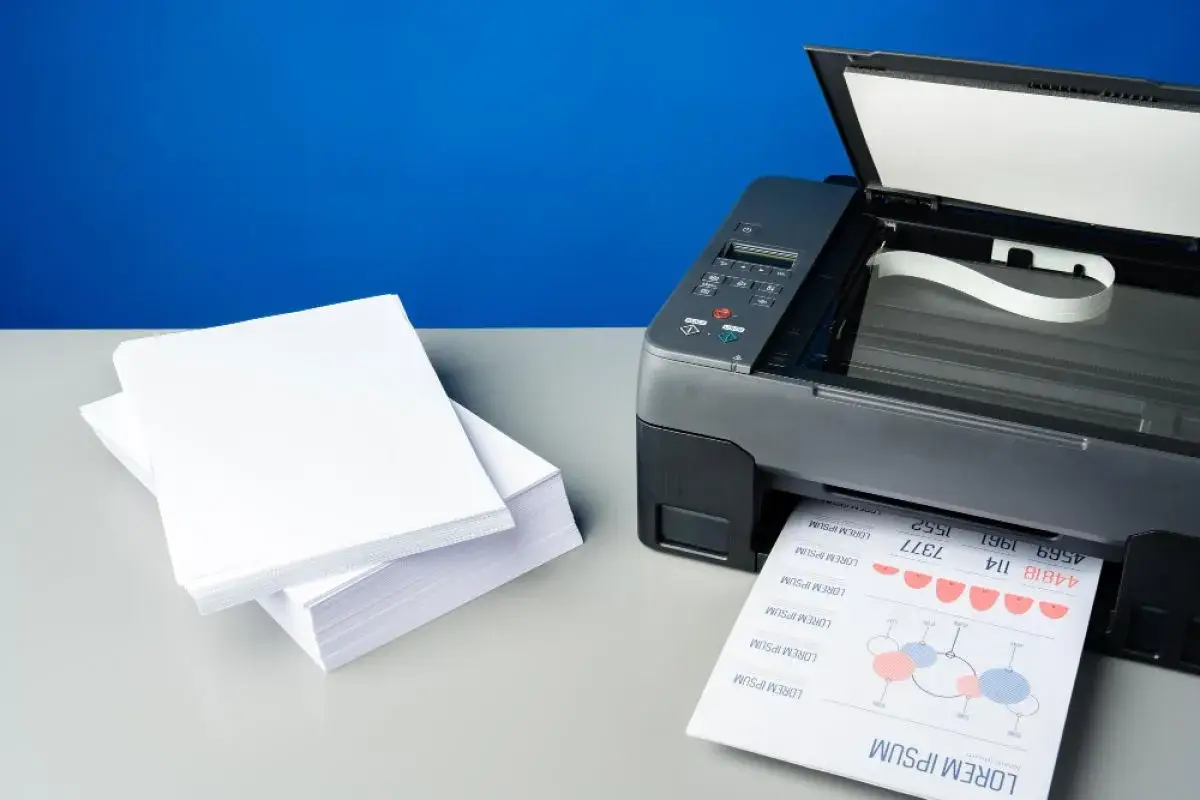 Stos białego papieru obok drukarki, która drukuje dokument. Różne rodzaje papieru czekają na użycie.