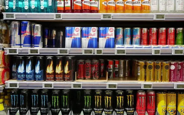 Półki sklepowe uginają się od napojów energetycznych: Red Bull, Burn, Monster. To świetne merchandising przykłady.