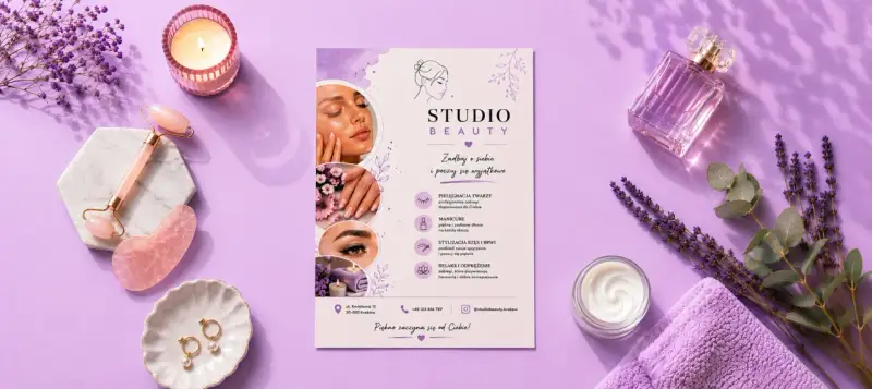 Darmowe szablony ulotek dla Studio Beauty. Pielęgnacja twarzy, manicure, stylizacja rzęs i brwi, relaks.