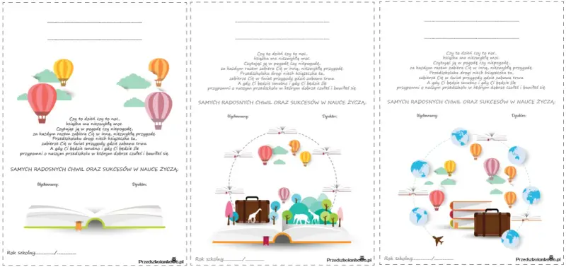 Wkładki do książek do edycji z motywem podróży i nauki. Balony, globusy i walizka symbolizują przygody, które czekają na dzieci w świecie książek.